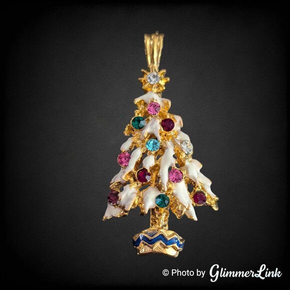 Vintage Christmas Tree Pendant Gold Tone Enamel Rhinestones Holiday Jewelry - Picture 1 of 6